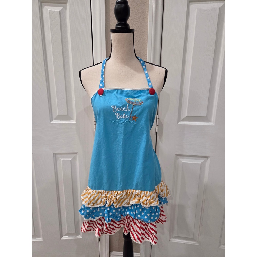 Kay Dee Designs Beach Babe Ruffle Apron Blue Polka Dot Stripe Cotton Embroidery